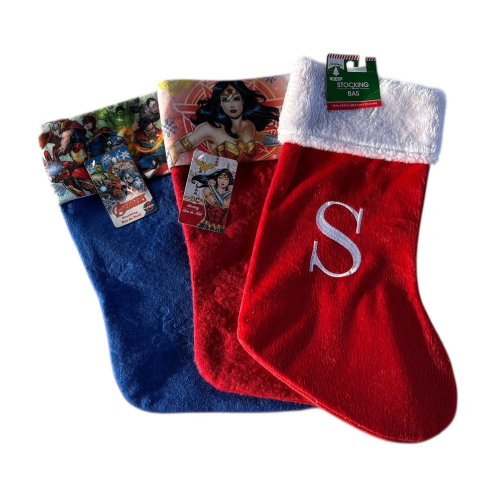 3 Festive Trio of Christmas Holiday Stockings DC Superhero & Embroidered "S"
